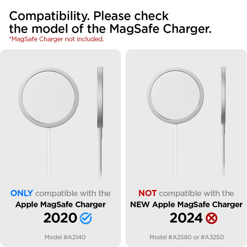 AMP02563 - MagFit in white showing the compatibility, only compatible with the Apple MagSafe Charger 2020 and Not compatible with new Apple MagSafe Charger 2024