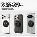AMP08822 - O-Mag Magnetic Phone Holder (MagFit) OM102 in Black showing the compatibility. Works with iPhone 12 or newer and all MagSafe compatible cases
