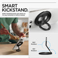 AMP08822 - O-Mag Magnetic Phone Holder (MagFit) OM102 in Black showing the smart kickstand. Built-In kickstand props your phone up for easy horizontal or vertical viewing. 360 degrees rotation and 180 degrees rotation