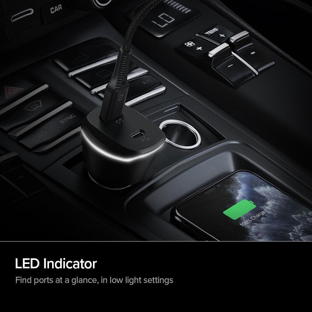 000CG24748 - Arc Station Car Charger USB-A and USB-C Port showing the LED indicator to find ports at a glance in low light settings