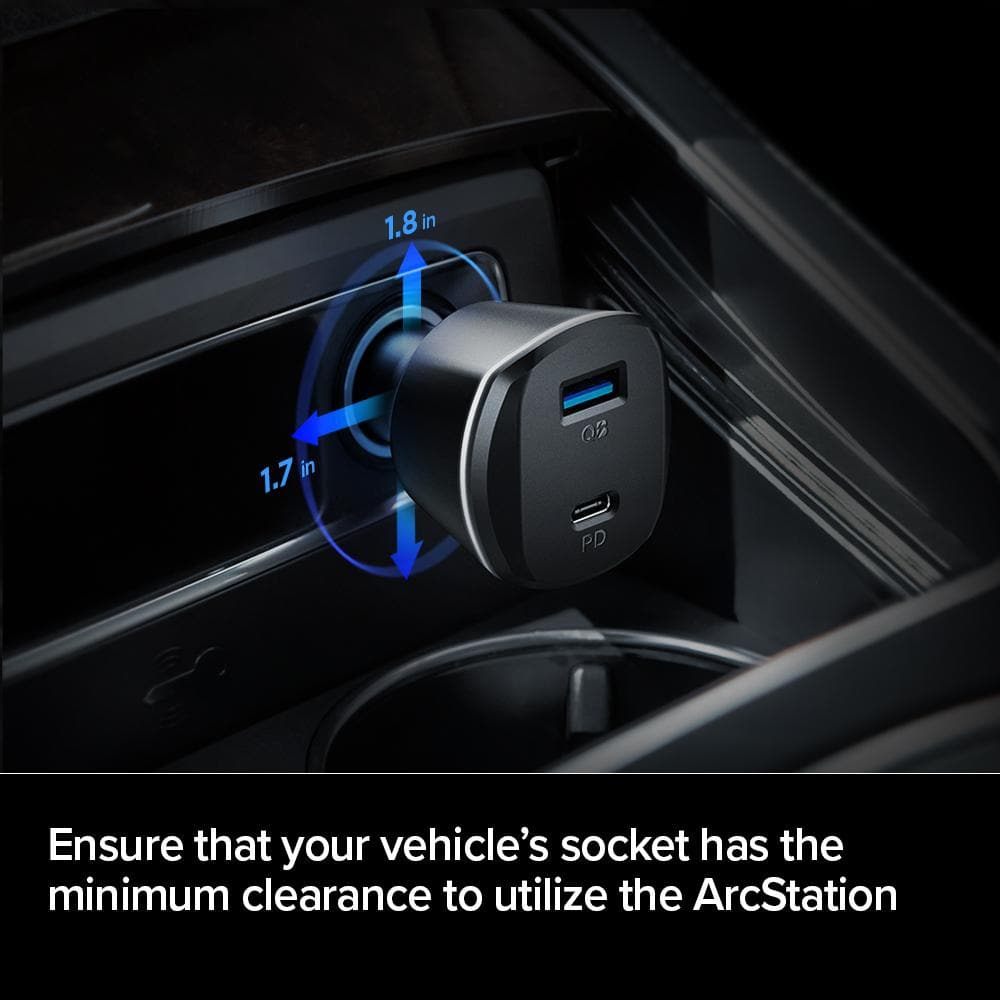 000CG24748 - Arc Station Car Charger USB-A and USB-C Port showing to ensure that your vehicle's socket has the minimum clearance to utilize the ArcStation.  1.7 x 1.8 inches