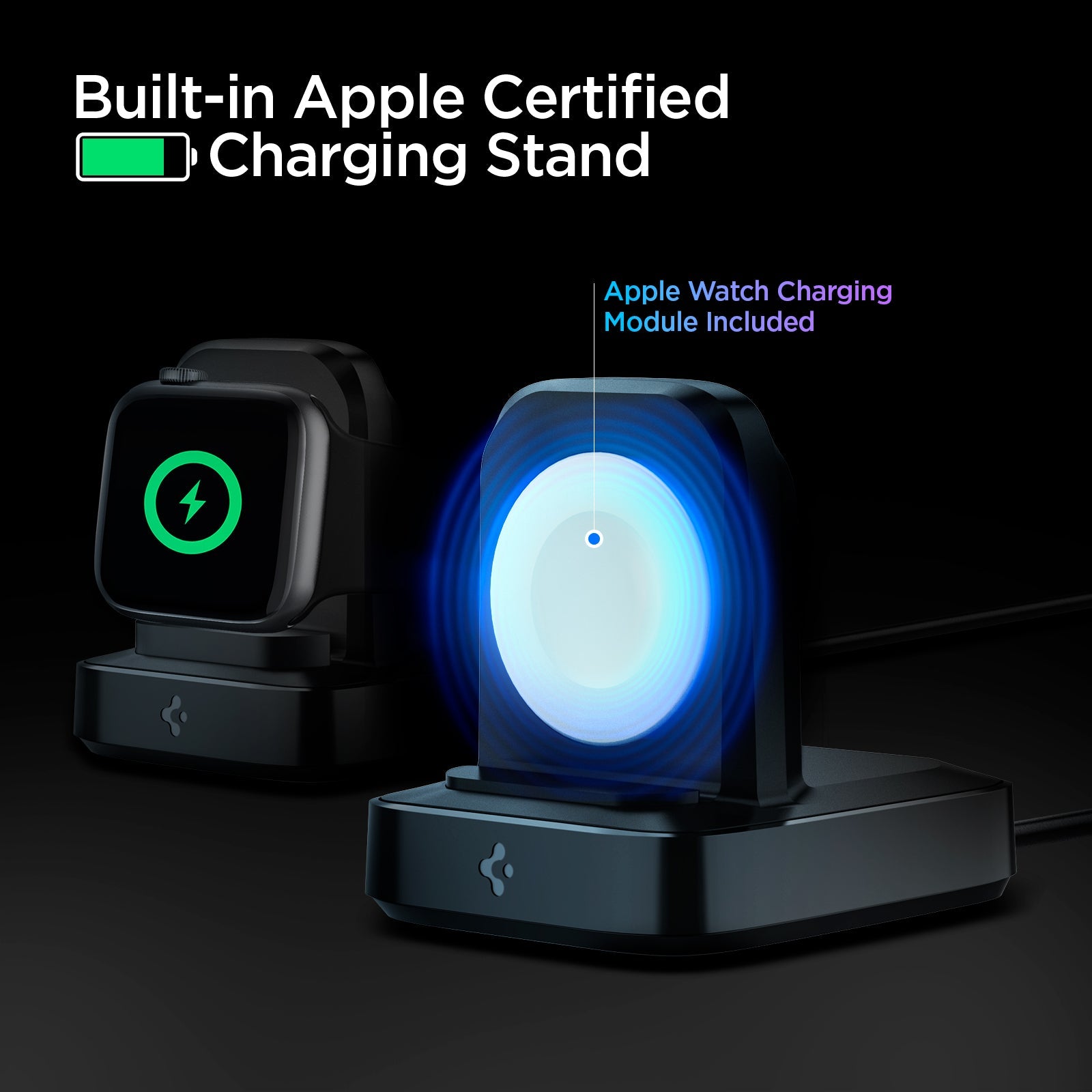 000CH25522 - Apple Watch ArcField 2.5W Wireless Charger PF2002 in Black showing the Built-in Apple Certified Charging Stand. On an apple stand, an Apple Watch Charging Module is included