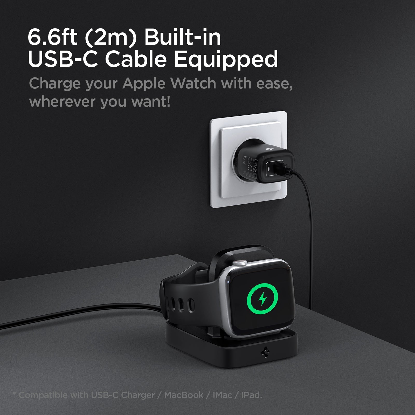 000CH25522 - Apple Watch ArcField 2.5W Wireless Charger PF2002 in Black showing the 6.6ft (2m) Built-in USB-C Cable Equipped. Charge your Apple Watch with ease, wherever you want. Showing apple watch attached to a charger (compatible with USB-C Charger and other Apple devices)