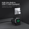 000CH25522 - Apple Watch ArcField 2.5W Wireless Charger PF2002 in Black showing the 6.6ft (2m) Built-in USB-C Cable Equipped. Charge your Apple Watch with ease, wherever you want. Showing apple watch attached to a charger (compatible with USB-C Charger and other Apple devices)