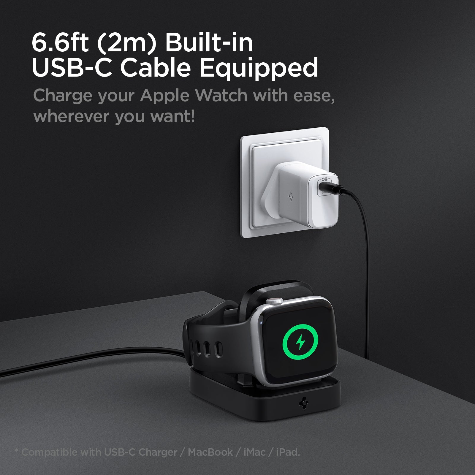 000CH25522 - Apple Watch ArcField 2.5W Wireless Charger PF2002 in Black showing the 6.6ft (2m) Built-in USB-C Cable Equipped. Charge your Apple Watch with ease, wherever you want. Showing apple watch attached to a charger (compatible with USB-C Charger and other Apple devices)