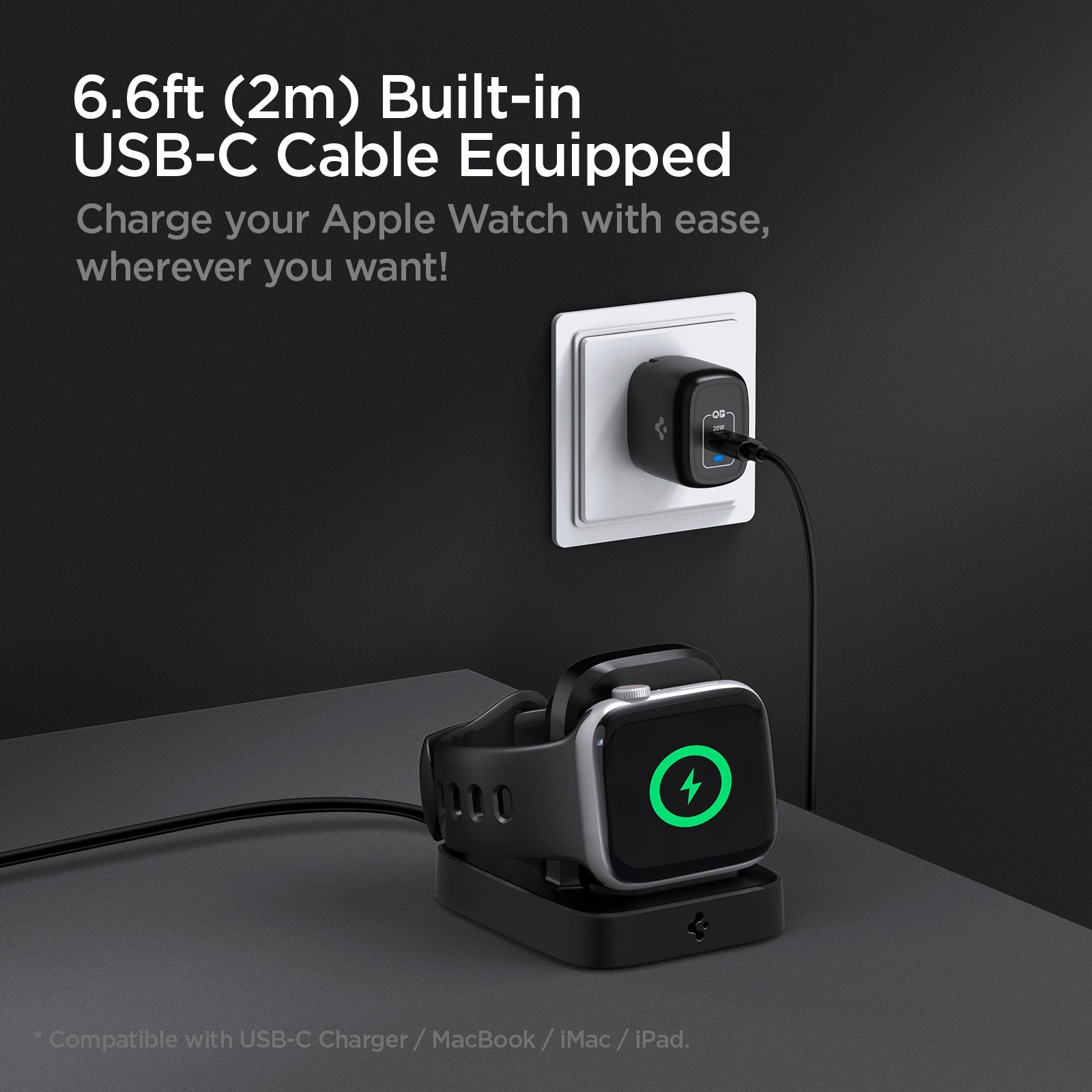000CH25522 - Apple Watch ArcField 2.5W Wireless Charger PF2002 in Black showing the 6.6ft (2m) Built-in USB-C Cable Equipped. Charge your Apple Watch with ease, wherever you want. Showing apple watch attached to a charger (compatible with USB-C Charger and other Apple devices)
