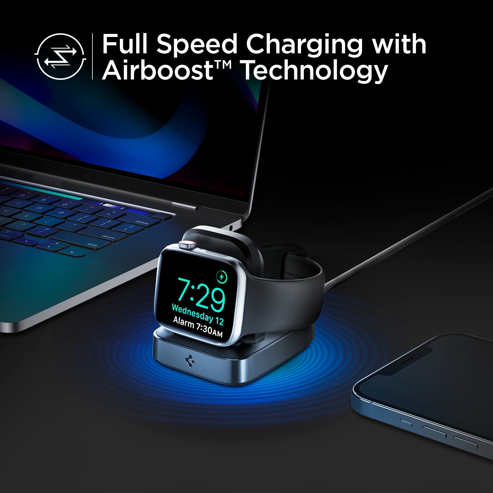 000CH25522 - Apple Watch ArcField 2.5W Wireless Charger PF2002 in Black showing the Full Speed Charging with Airboost Technology. Showing devices and apple watch on a wireless charger