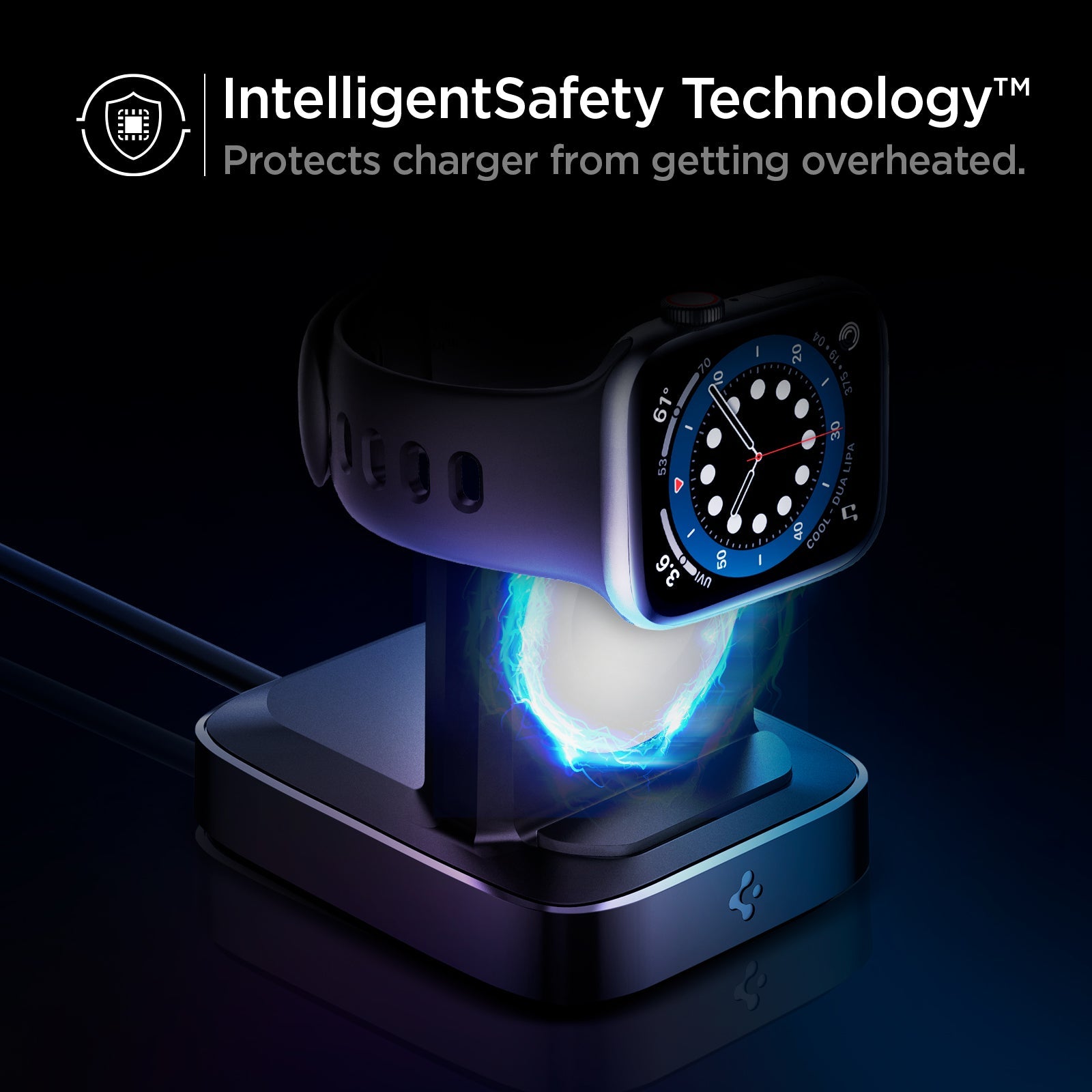 000CH25522 - Apple Watch ArcField 2.5W Wireless Charger PF2002 in Black showing the IntelligentSafety Technology. Protects charger from  getting overheated. Apple watch charged on a wireless charger