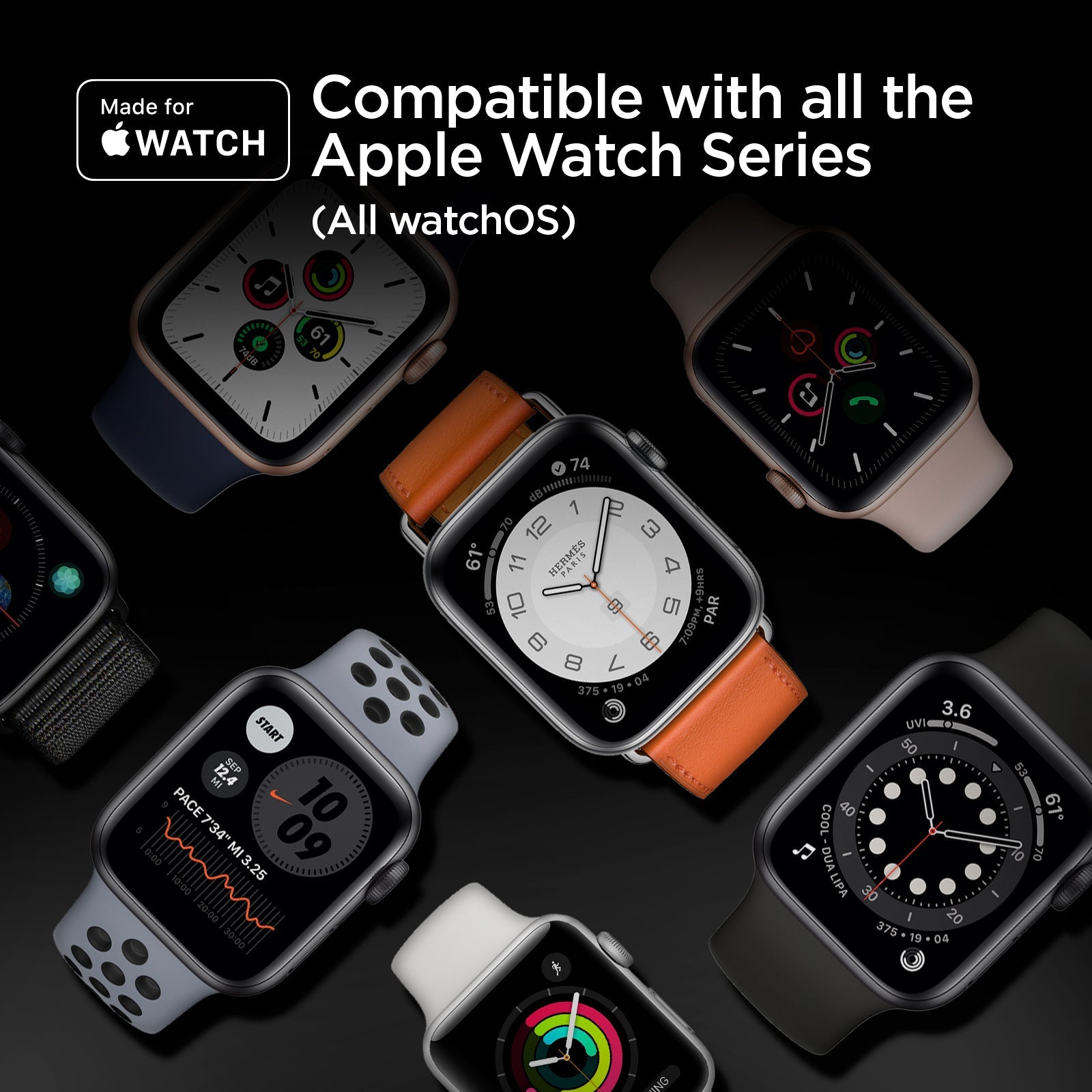 000CH25522 - Apple Watch ArcField 2.5W Wireless Charger PF2002 in Black showing the Compatible with all the Apple Watch Series (All watcOS)