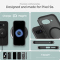 ACS09045 - Pixel 9a Case Ultra Hybrid Metal Ring (MagFit) in Frost Black showing the precision craftsmanship. Designed and made for Pixel 9a. Charging with the case