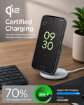 ACS11439 - Pixel 11 Liquid Air (Mag Fit) Matte Black Google Pixel device charging on a wireless charger with the Qi2 certified case installed.
