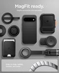 ACS11439 - Pixel 11 Liquid Air (Mag Fit) Matte Black case shown with compatible magnetic accessories including a wallet, charger, ring grip, and car mount.