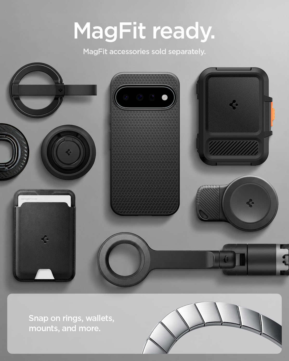 ACS11439 - Pixel 11 Liquid Air (Mag Fit) Matte Black case shown with compatible magnetic accessories including a wallet, charger, ring grip, and car mount.