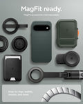 ACS11853 - Pixel 11 Liquid Air (Mag Fit) Abyss Green case shown with compatible magnetic accessories including a wallet, charger, ring grip, and car mount.