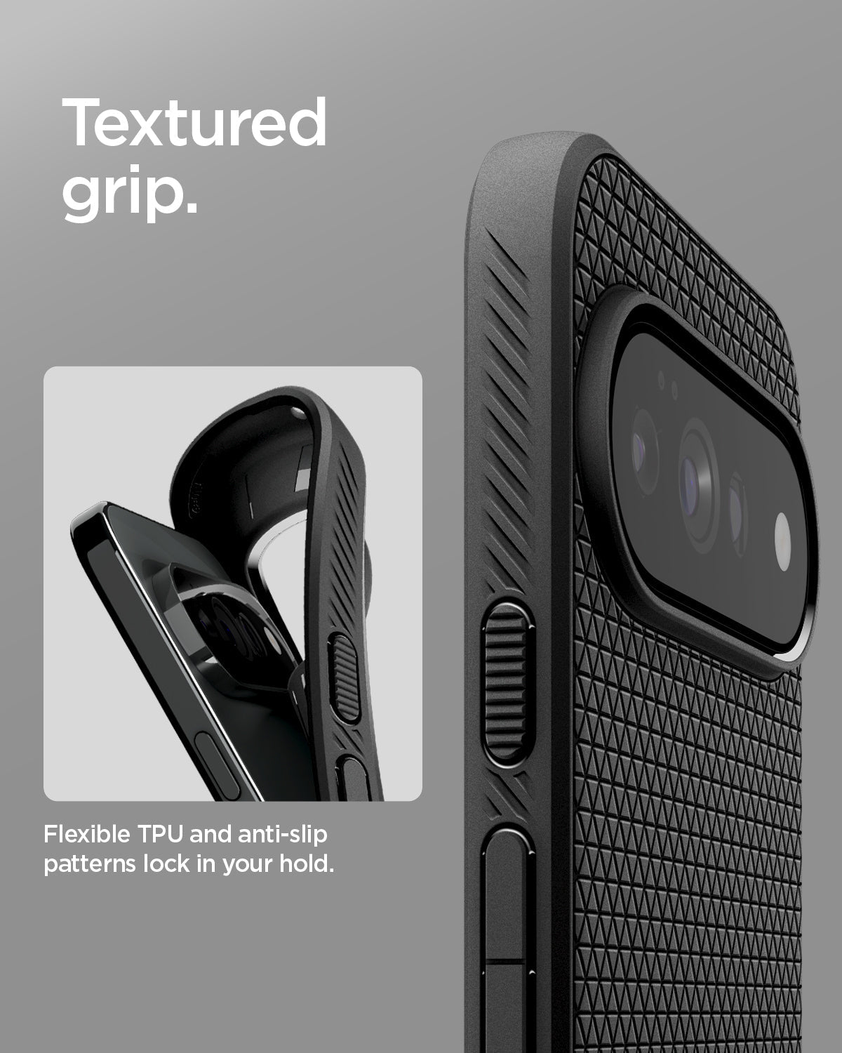 ACS11428 - Pixel 11 Pro  Liquid Air Matte Black close up showing the textured grip pattern and flexible TPU construction.