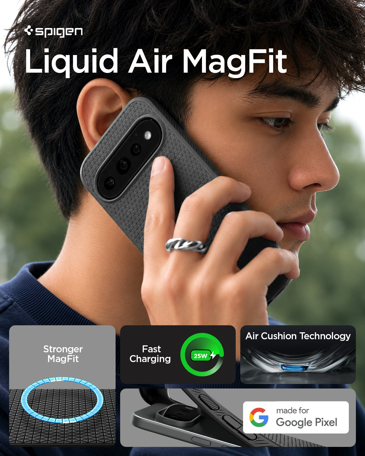ACS11429 - Pixel 11 Pro  Liquid Air (Mag Fit) Matte Black person holding the Liquid Air MagFit case featuring a geometric textured pattern, built in magnetic ring, and Air Cushion Technology.
