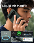 ACS11858 - Pixel 11 Pro  Liquid Air (Mag Fit) Abyss Green person holding the Liquid Air MagFit case featuring a geometric textured pattern, built in magnetic ring, and Air Cushion Technology.