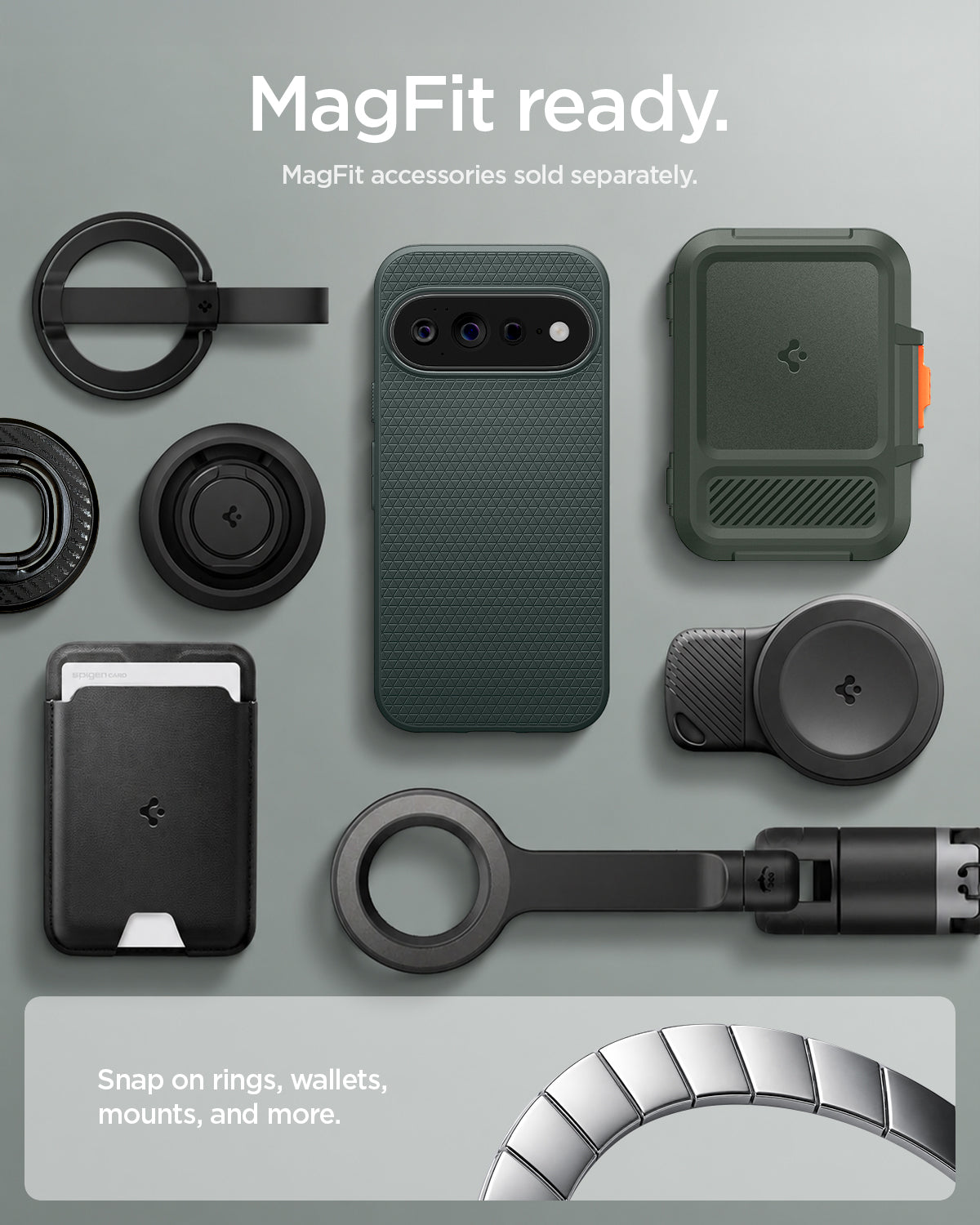 ACS11863 - Pixel 11 Pro XL Liquid Air (Mag Fit) Abyss Green case shown with compatible magnetic accessories including a wallet, charger, ring grip, and car mount.
