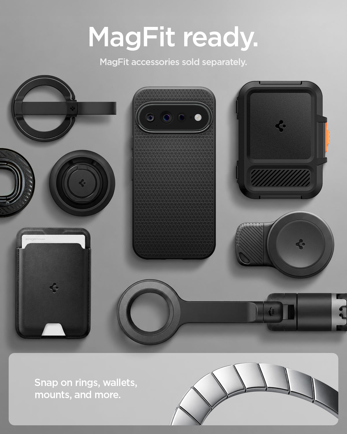 ACS11429 - Pixel 11 Pro  Liquid Air (Mag Fit) Matte Black case shown with compatible magnetic accessories including a wallet, charger, ring grip, and car mount.