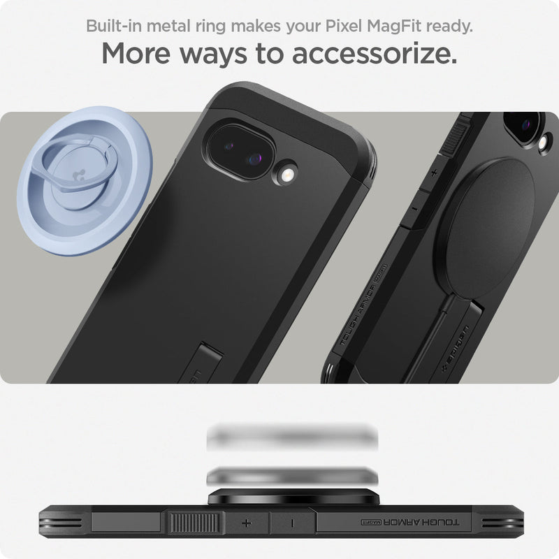 ACS09046 - Pixel 9a Case Tough Armor AI (MagFit) in Black showing the built-in metal ring makes your Pixel MagFit ready
