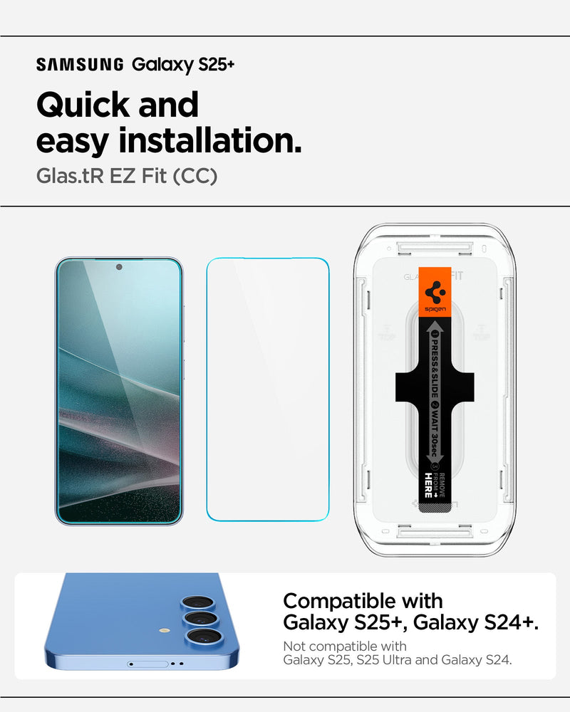 AGL07430 - Galaxy S25 Plus GLAS.tR EZ Fit in Clear showing the quick and easy installation. Compatible with Galaxy S25+, Galaxy S24+ Not compatible with Galaxy S25, S25 Ultra and Galaxy S24