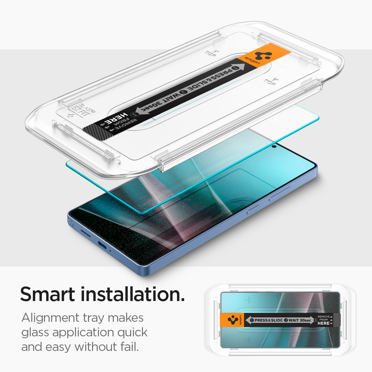 AGL09078 - Galaxy S25 Ultra GLAS.tR EZ Fit in Clear showing the smart installation. Alignment tray makes glass application quick and easy without fail