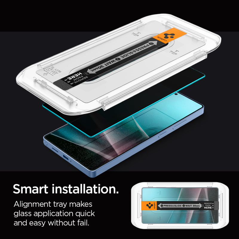 AGL09221 - Galaxy S25 Ultra GLAS.tR EZ Fit in Privacy showing the smart installation. Alignment tray makes glass application quick and easy without fail