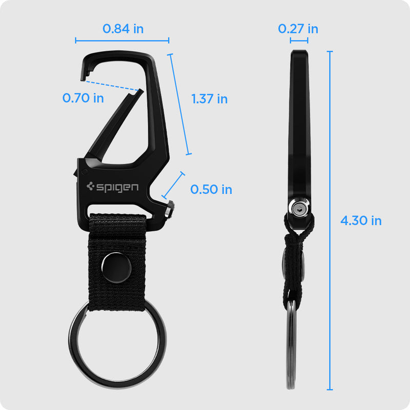 AHP06961 - Carabiner + Keyring in black showing the carabiner size: L(1.37in, 0.50in) x W(0.84in) and hook opening (0.70in), thickness(0.27in) over all length with the strap (4.30in)