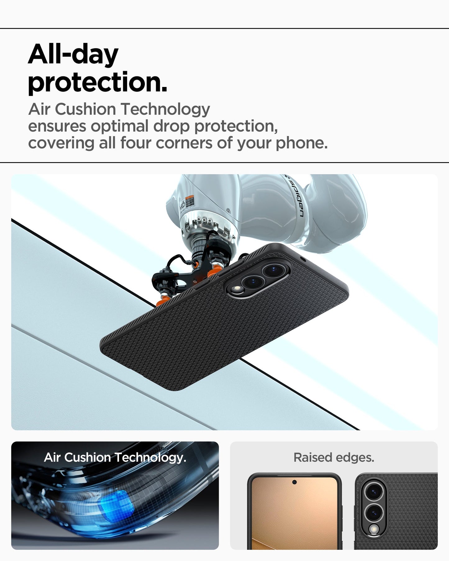 ACS09420 - Galaxy S25 Edge Case Liquid Air in Matte Black showing the all-day protection. Air cushion technology ensures optimal drop protection, covering all four corners of your phone with raised edges