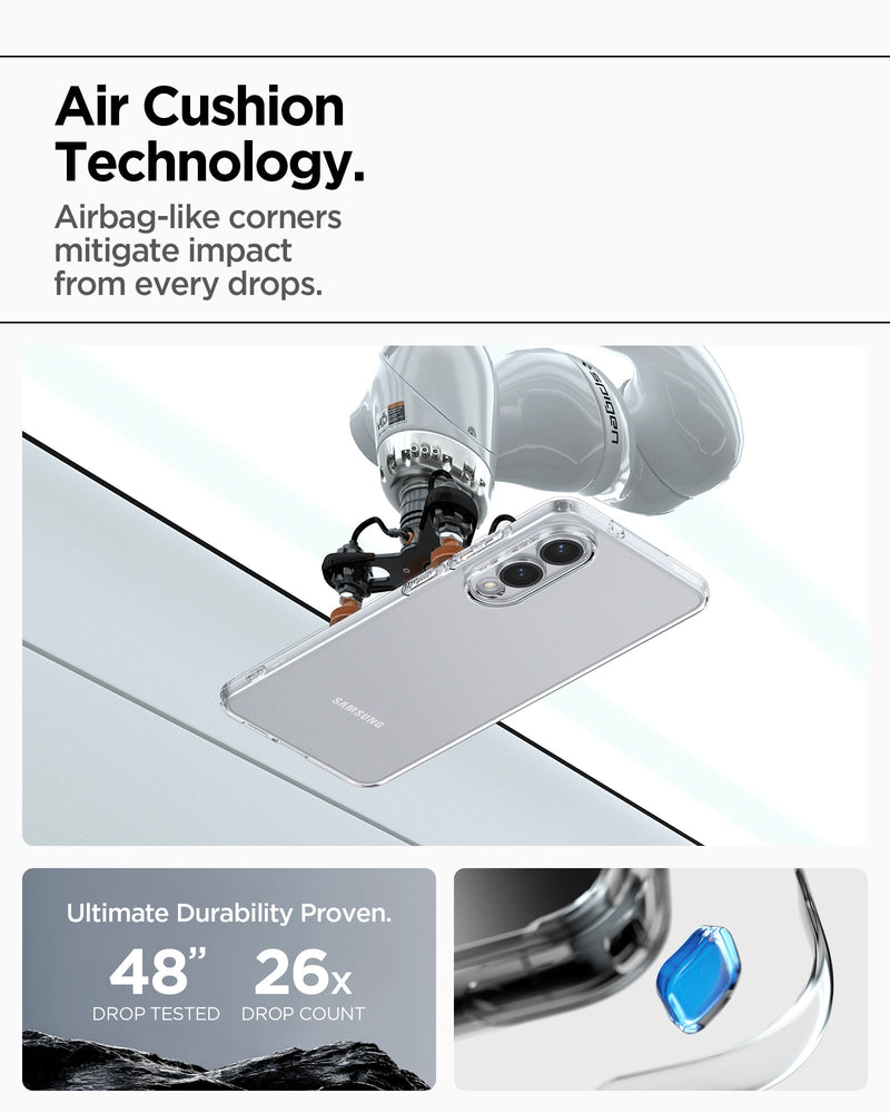 ACS09425 - Galaxy S25 Edge Case Liquid Crystal in Crystal Clear showing the Air Cushion Technology. Airbag-like corners mitigate impact from every drops. Ultimate Durability Proven. 48" drop tested 26x drop count