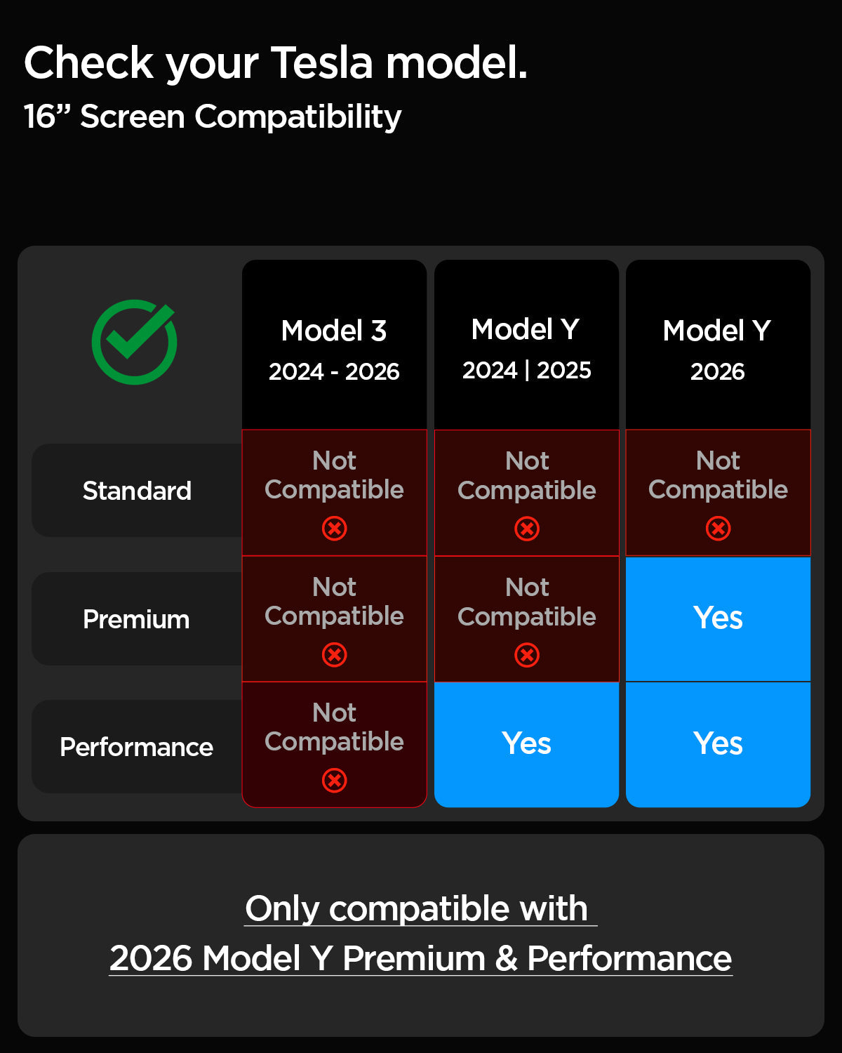 AGL10820 - Model Y Juniper (2025+) Screen Protector GLAS.tR EZ Fit | 16 inch showing a compatibility chart