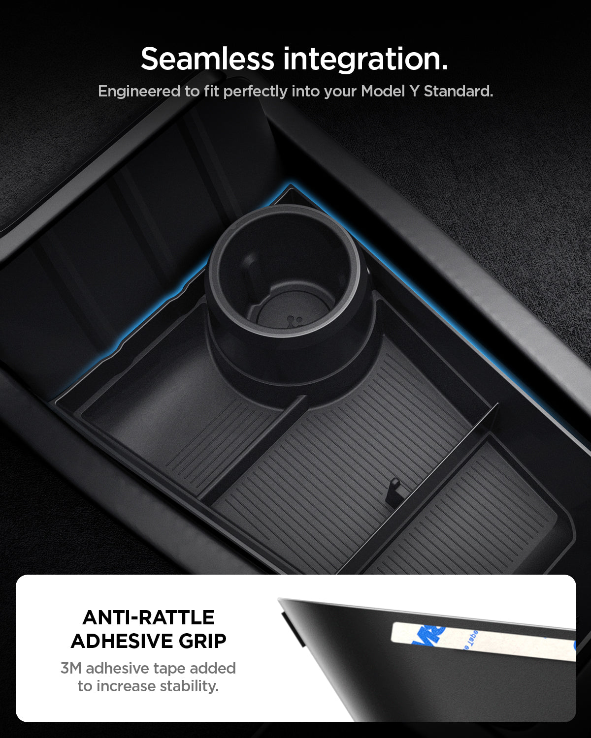ACP11169 - Tesla Series - Center Console Organizer Lower Tray | TO220LYS in Black showing  seamless integration