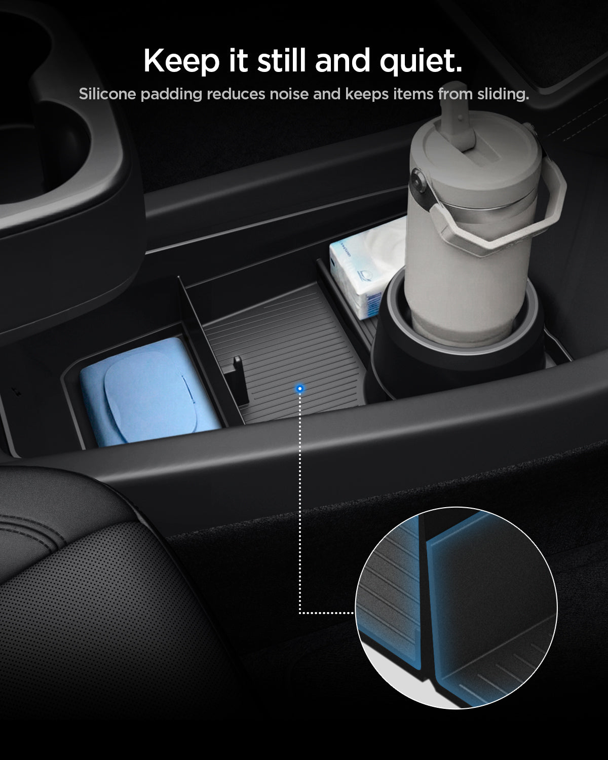 ACP11169 - Tesla Series - Center Console Organizer Lower Tray | TO220LYS in Black showing keep it still and quiet