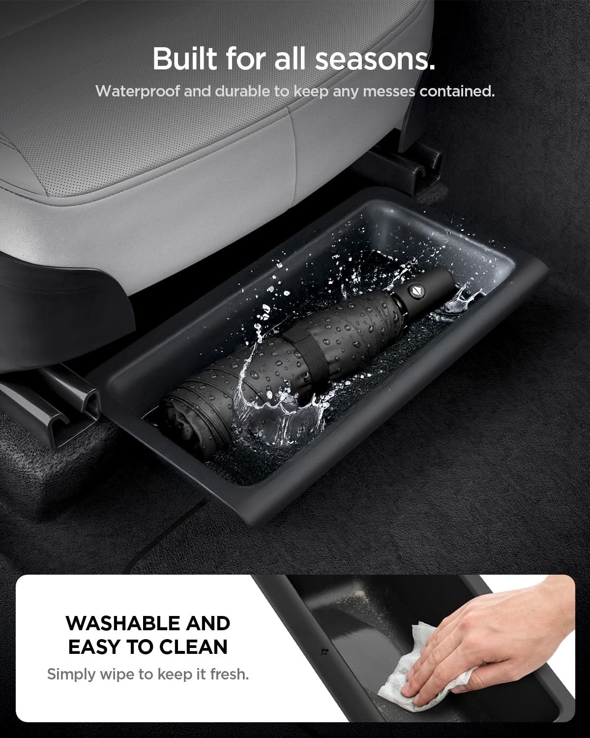 ACP10638 - Model Y Juniper (2025+) 1PK Underseat Organizer Box | TO222J showing built for all seasons. washable and easy to clean. simply wipe to keep it fresh