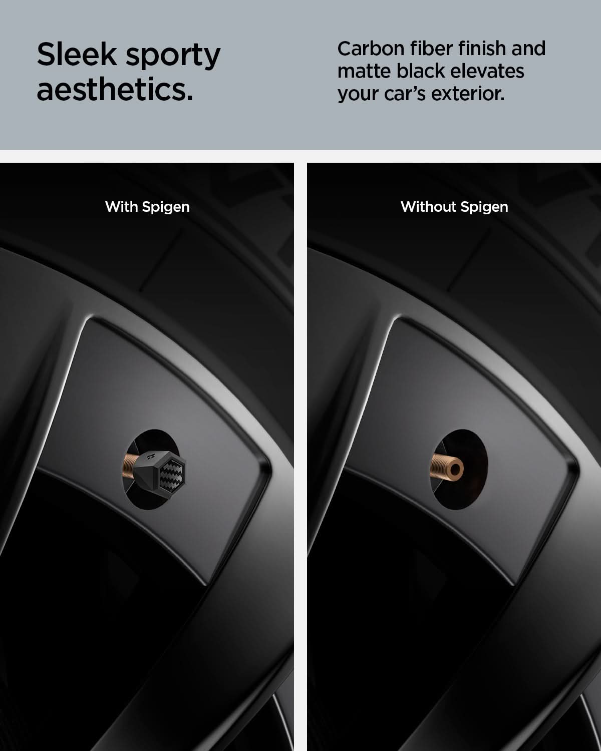ACP09331 - Tesla Series Valve Stem Cover VS100 showing sleek sporty aesthetics. carbon fiber finish and matte black elevates your car's exterior