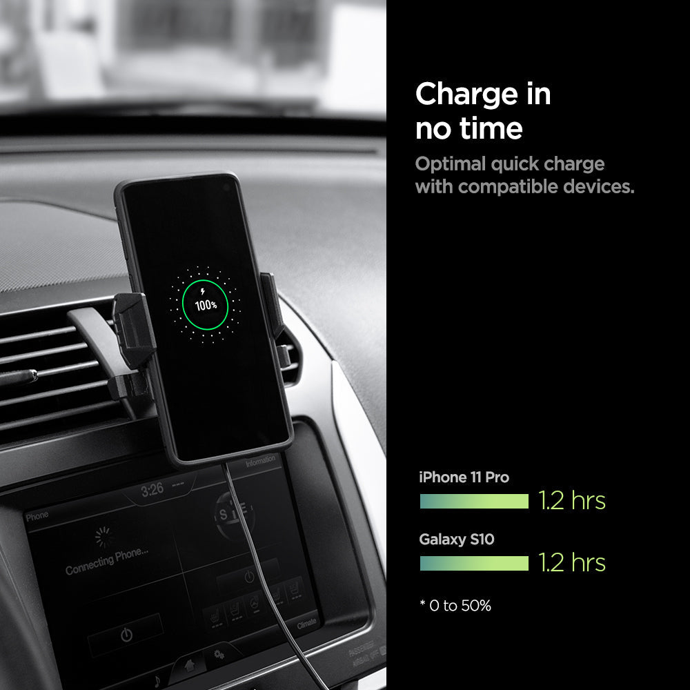 000CG22761 - SteadiBoost™ Air Vent Car Mount X35W in Black showing the Charge in no time. Optimal quick charge with compatible devices. iPhone (1.2 hours) while Galaxy S10 (1.2 hrs) from 0-50%