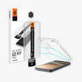 AGL11091 - Galaxy S26 GLAS.tR EZ Fit Pro showing the installation tray hovering above the 2 screen protector and the device, beside it is another installation tray with case