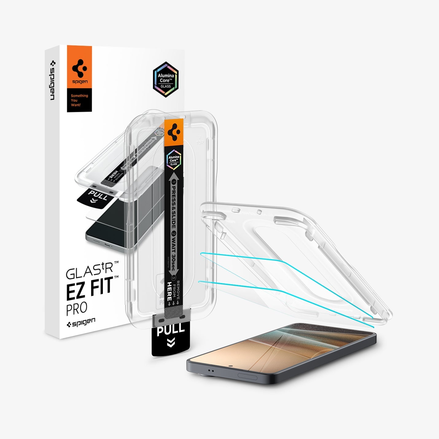 AGL11091 - Galaxy S26 GLAS.tR EZ Fit Pro showing the installation tray hovering above the 2 screen protector and the device, beside it is another installation tray with case