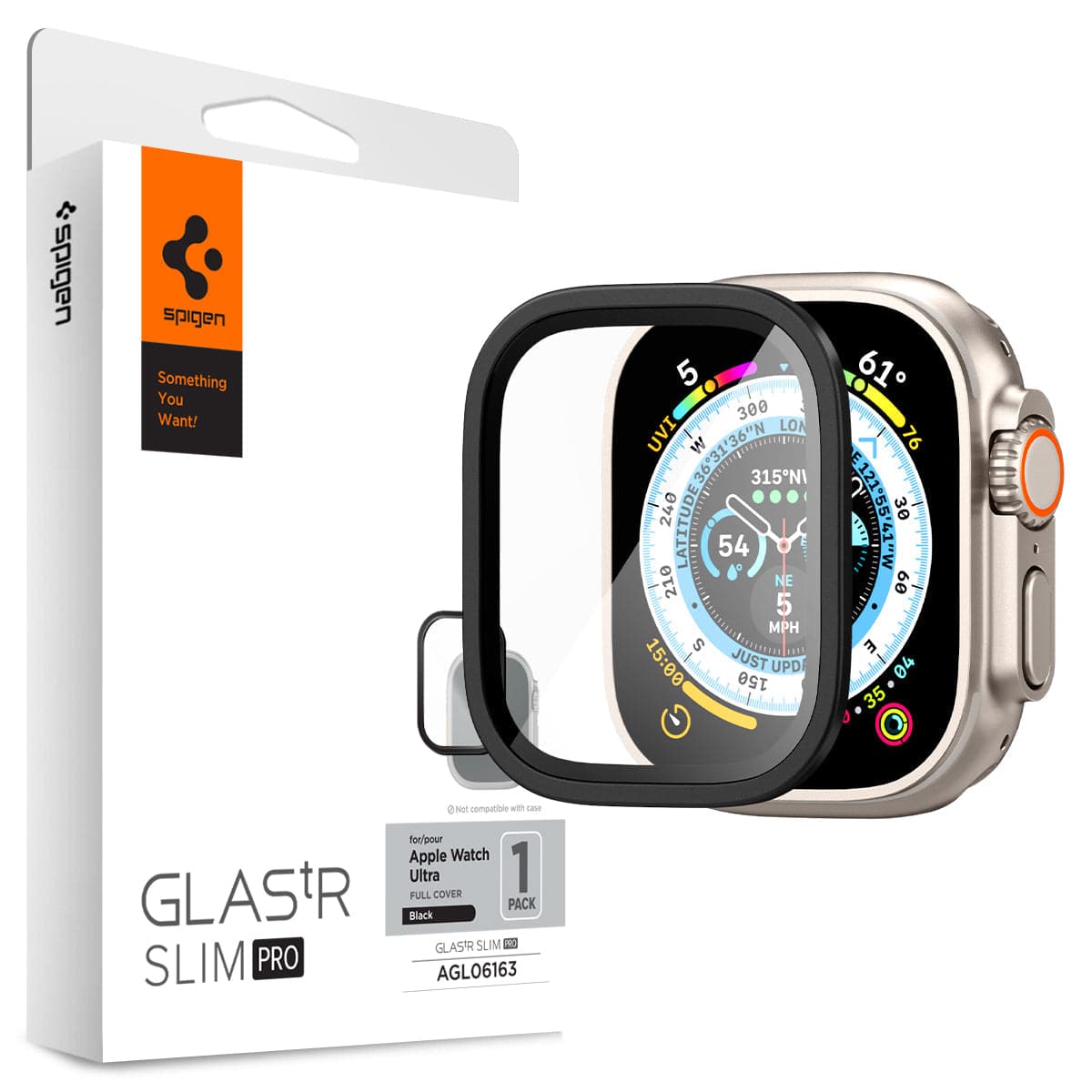 AGL06163 - Apple Watch Ultra (Apple Watch (49mm)) Screen Protector Glas.tR Slim Pro in black showing the watch face, screen protector and packaging