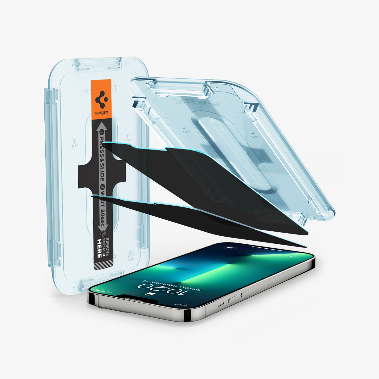 AGL02520 - iPhone 12 Pro Max Screen Protector EZ FIT GLAS.tR Privacy V2 showing the alignment trays, two privacy screen protectors, and device