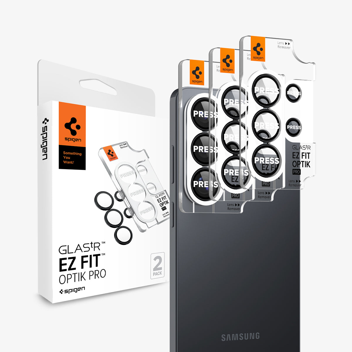 AGL11071 - Galaxy S26 Ultra Optik EZ Fit Lens Pro Protector showing the 2 lens protector hovering in front of the device with the packaging behind it