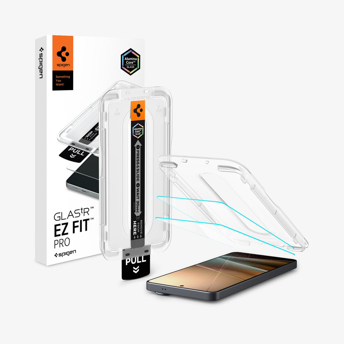 AGL11068 - Galaxy S26 Ultra GLAS.tR EZ Fit Pro showing the installation tray hovering above the 2 screen protector and the device, beside it is another installation tray with case