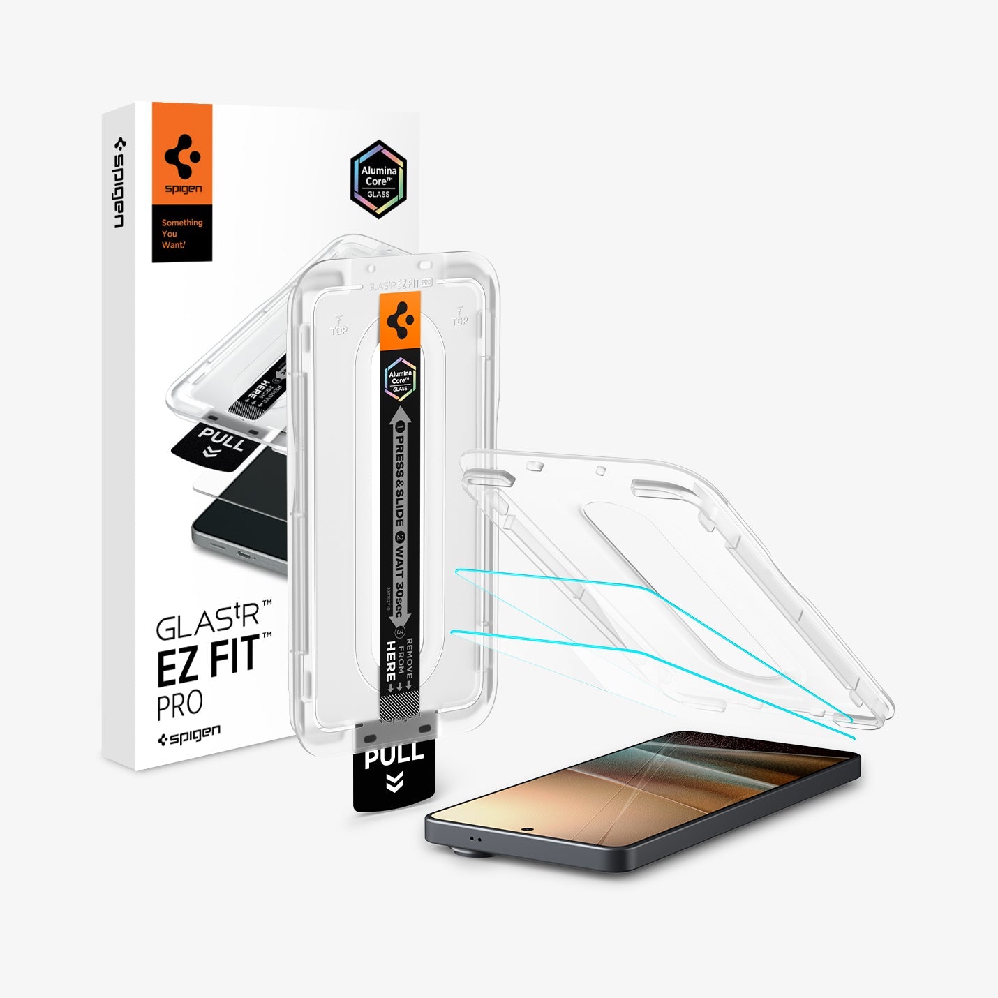 AGL11068 - Galaxy S26 Ultra GLAS.tR EZ Fit Pro showing the installation tray hovering above the 2 screen protector and the device, beside it is another installation tray with case