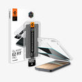 AGL11093 - Galaxy S26 GLAS.tR EZ Fit Pro | Privacy showing the installation tray hovering above the 2 screen protector and the device, beside it is another installation tray with case