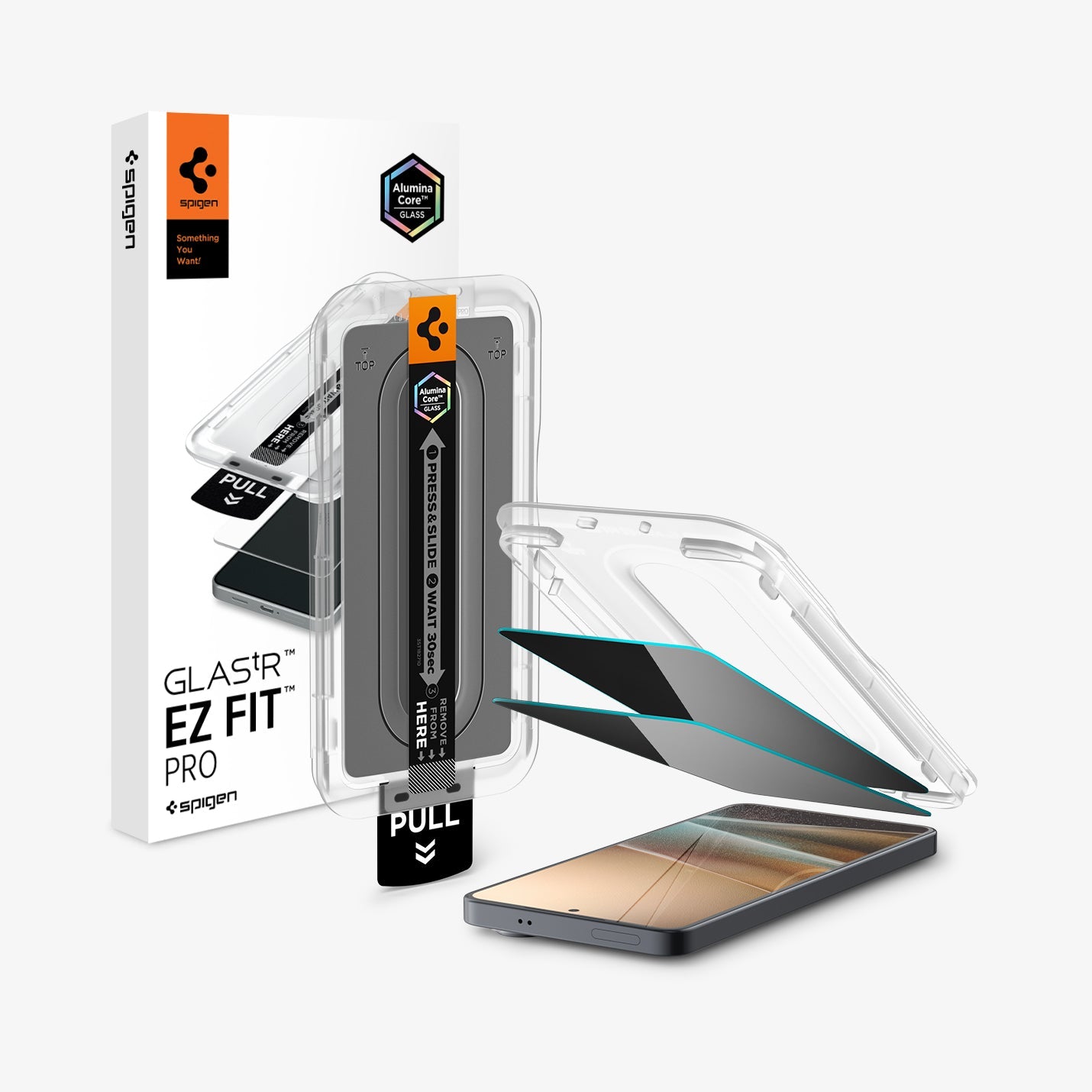 AGL11093 - Galaxy S26 GLAS.tR EZ Fit Pro | Privacy showing the installation tray hovering above the 2 screen protector and the device, beside it is another installation tray with case