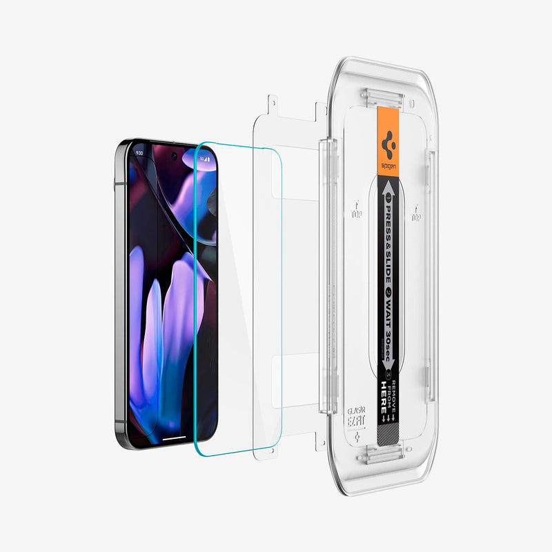 AGL08445 - Pixel 9 Pro XL GLAS.tR EZ Fit in Clear showing the front of the installation tray aligned with the film screen protector, screen protector and the device