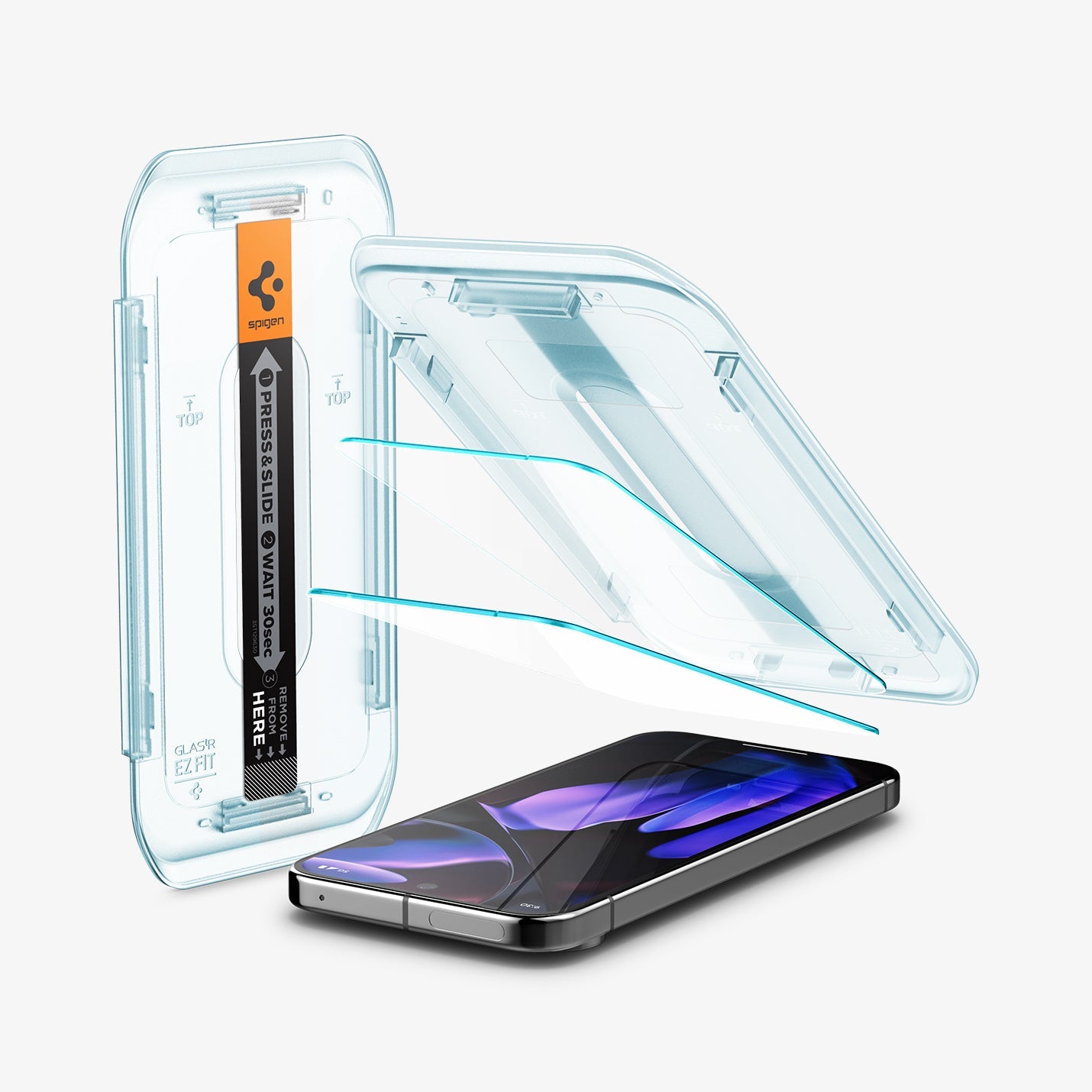 AGL08445 - Pixel 9 Pro XL GLAS.tR EZ Fit in Clear showing the installation tray hovering above the 2 screen protectors and the device, beside it is another installation tray