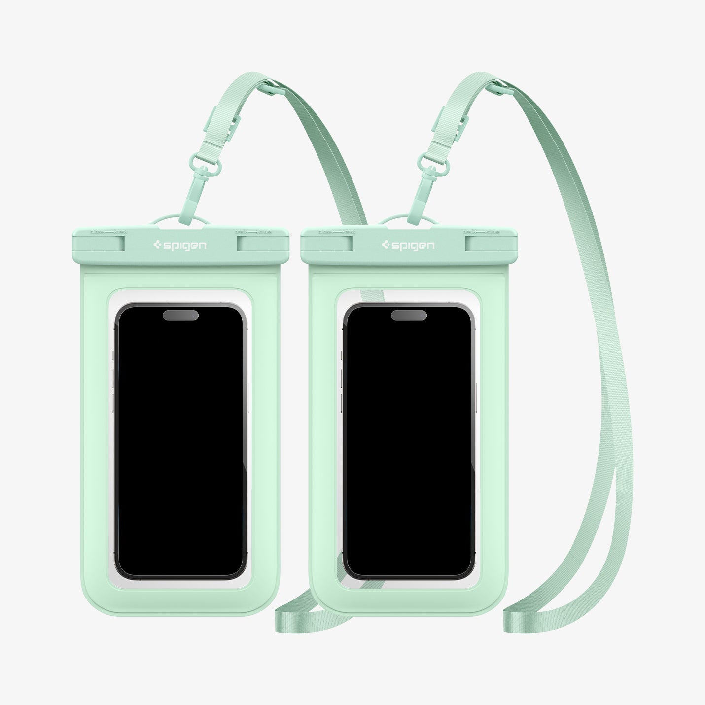 ACS06015 - AquaShield Waterproof Case (2 Pack) A601 in Mint showing the front of two devices inside a waterproof case with straps attached