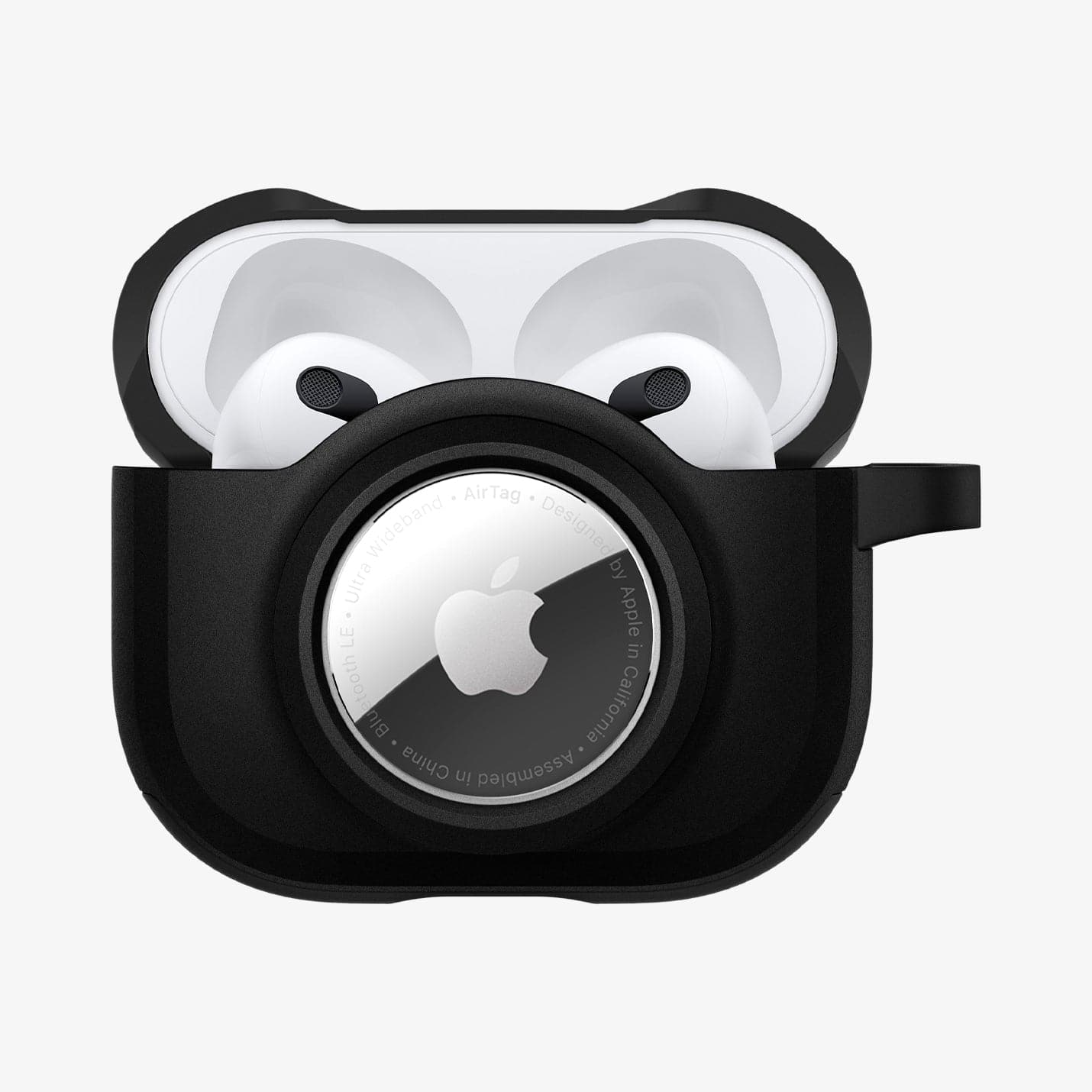 ACS03168 - Apple AirPods 3 Tag Armor Duo in black showing the front with top open and AirPods inside