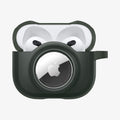 ACS04393 - Apple AirPods 3 Case Tag Armor Duo in military green showing the front, AirTag in slot and top open with AirPods inside